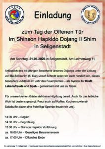 Flyer der ueber den Tag der offenen Tuer am 21.06. informiert mit einer zeichnung des Feuerpferdes im Hintergrund